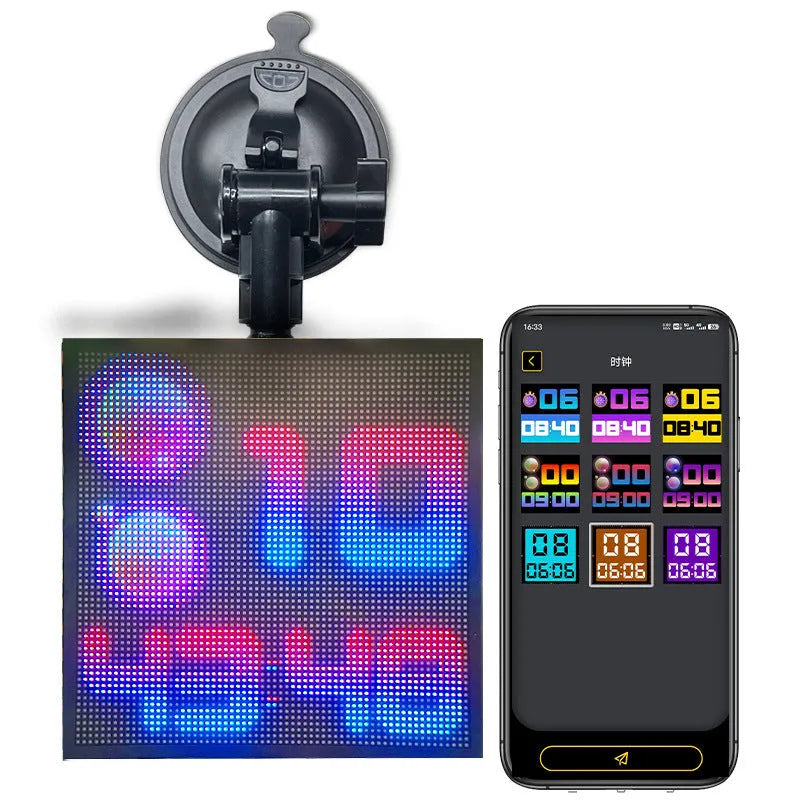 Bluetooth-controlled LED car display screen with colourful animated graphics on a 128mm square display.