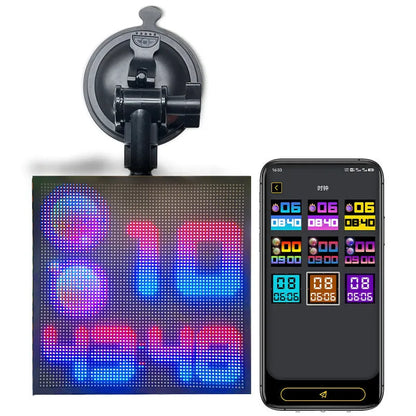 Bluetooth-controlled LED car display screen with colourful animated graphics on a 128mm square display.
