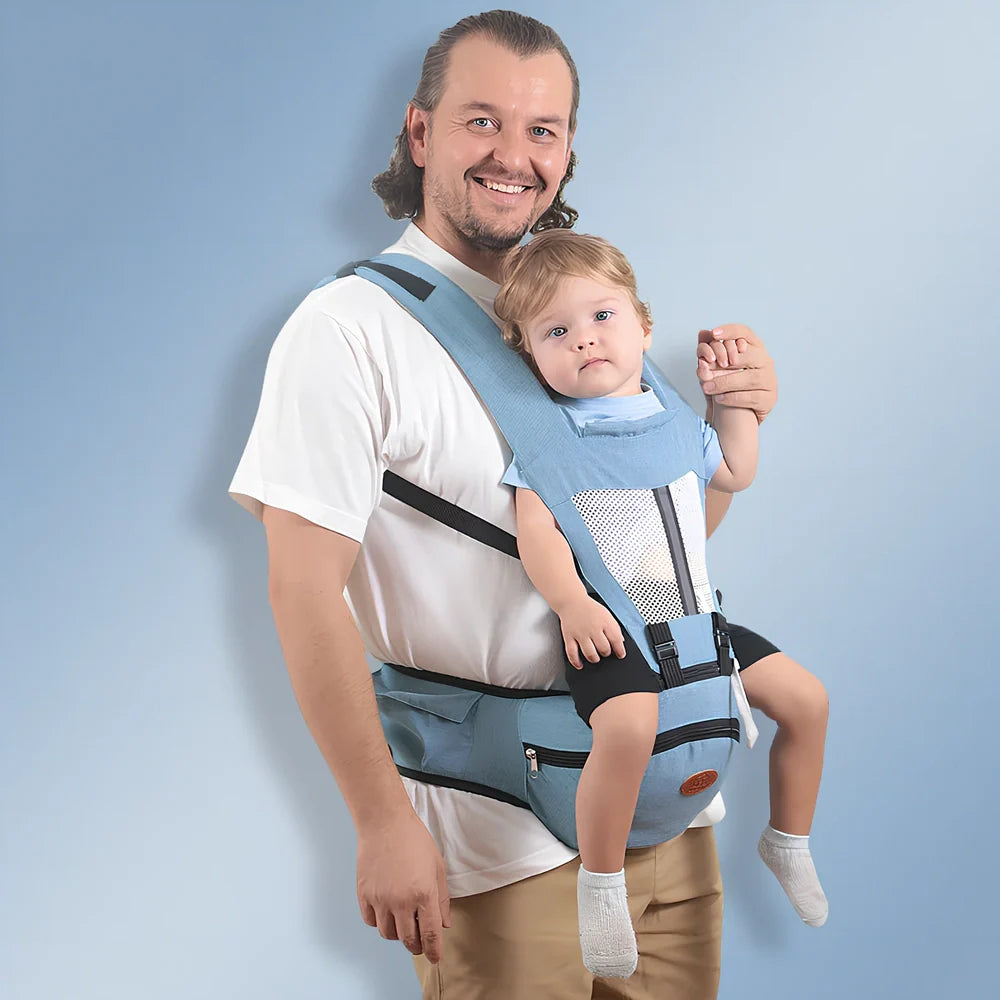 Waist stool baby carrier with 25cm seat supporting toddler, showing hip strap adjustment and weight distribution