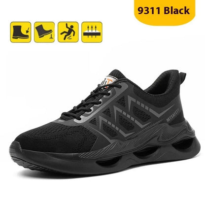 Black steel toe cap labour protection shoes with lace-up front and flat knitted uppers