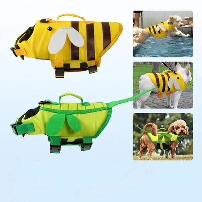 Green dog life vest with reflective strips and adjustable straps on a model.