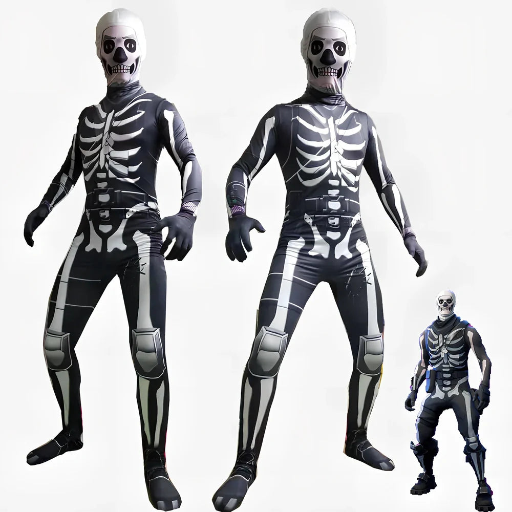 Black milk silk skeleton jumpsuit for males, 93% polyester 7% spandex, sizes 110-180, scary skull print for Halloween parties