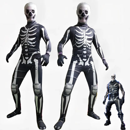 Black milk silk skeleton jumpsuit for males, 93% polyester 7% spandex, sizes 110-180, scary skull print for Halloween parties