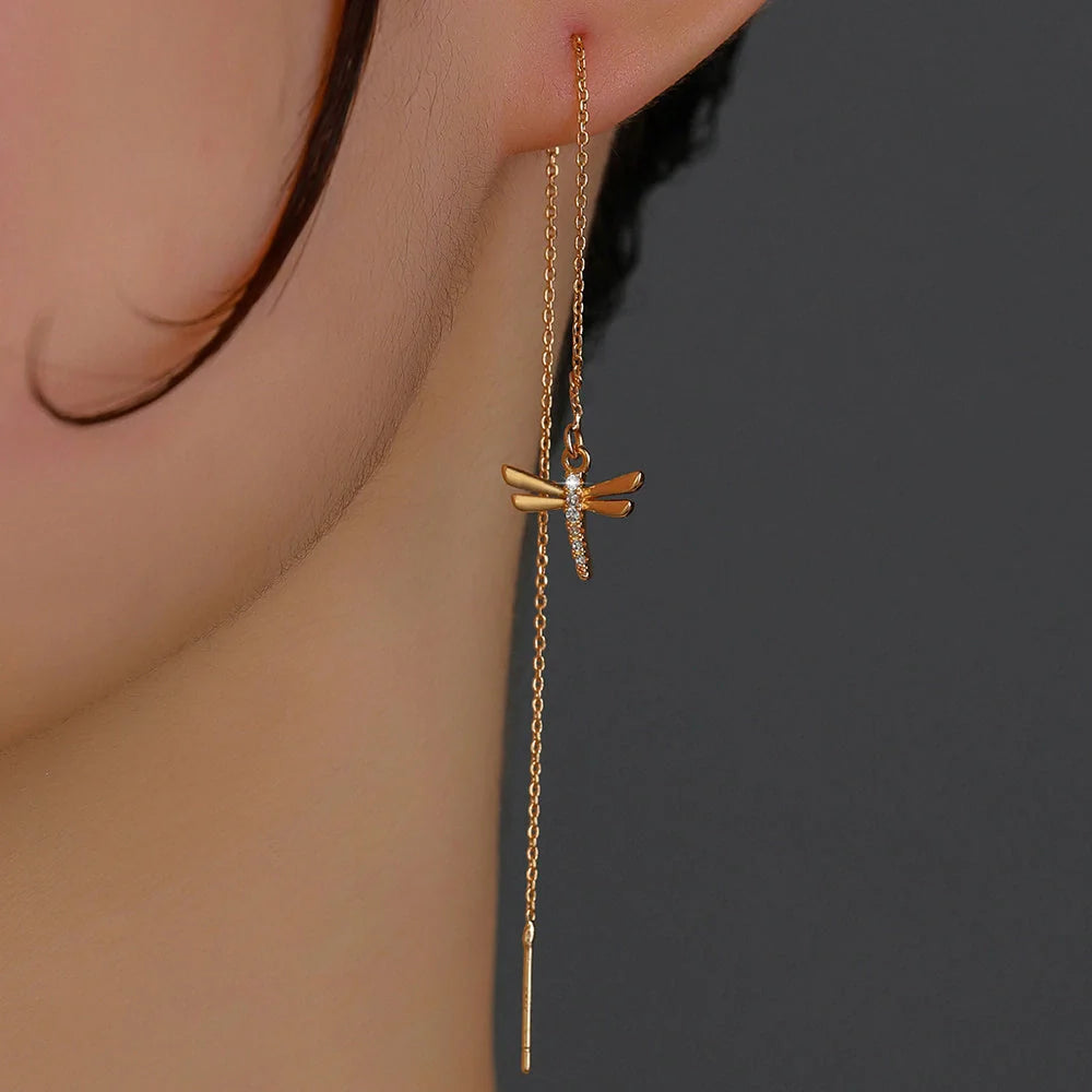 Gold Copper Dragonfly Earrings with Zircon Long Tassel - Unique Fashion Jewelry