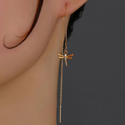 Gold Copper Dragonfly Earrings with Zircon Long Tassel - Unique Fashion Jewelry