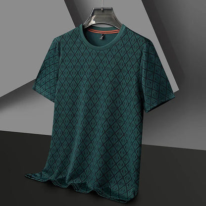 Men's black loose fit short sleeve t-shirt with round neck in ice silk jacquard fabric