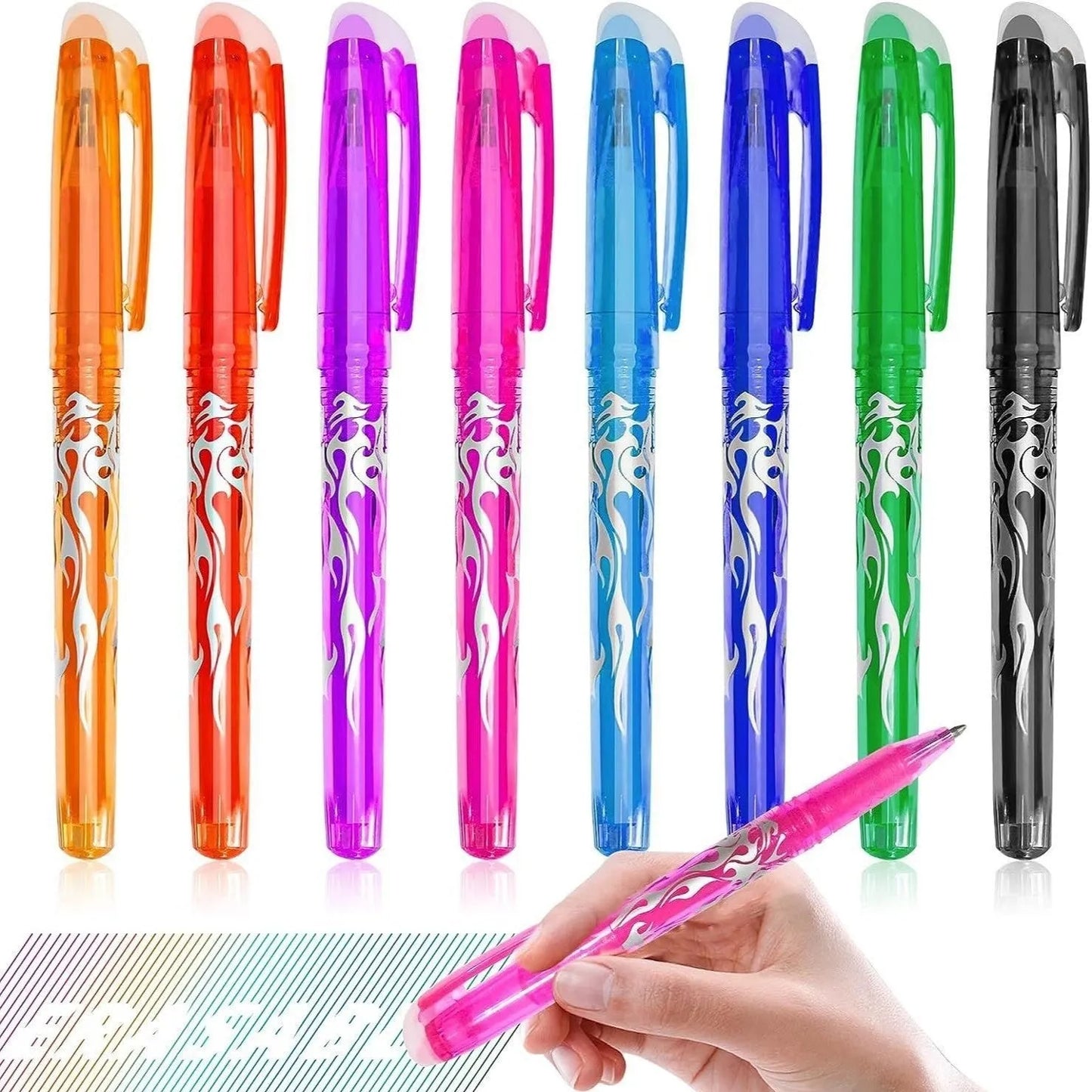 A set of hot erasable gel pens in multiple colours with plastic bodies and stainless steel nibs, shown with a hairdryer to illustrate the heat-erasable function.