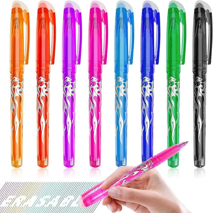 A set of hot erasable gel pens in multiple colours with plastic bodies and stainless steel nibs, shown with a hairdryer to illustrate the heat-erasable function.