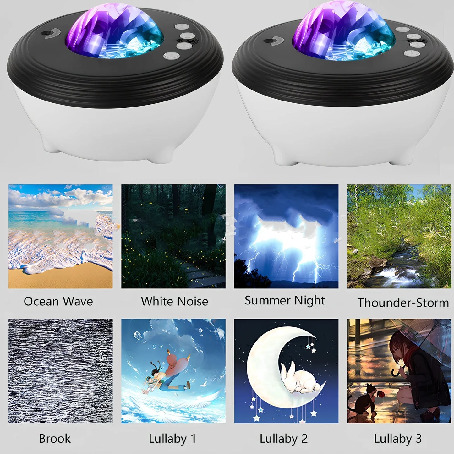 White Tuya smart northern lights projection light with 142mm diameter PVC lampshade and wireless remote control