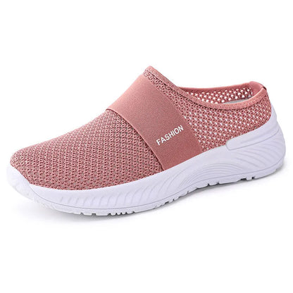 Women's breathable mesh casual shoes in beige, flat heel, round toe, PVC sole, sizes 36-43.