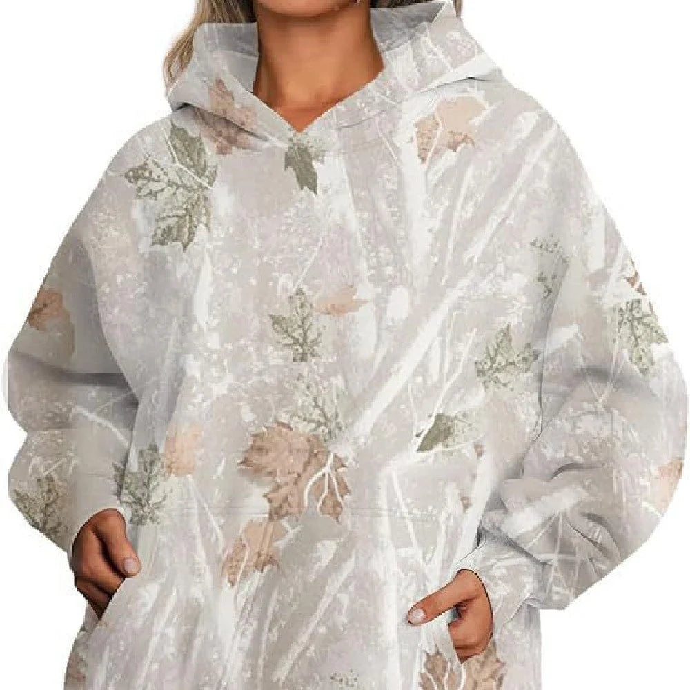 Stylish women's hooded pocket pullover top with floral digital printing and lantern sleeves