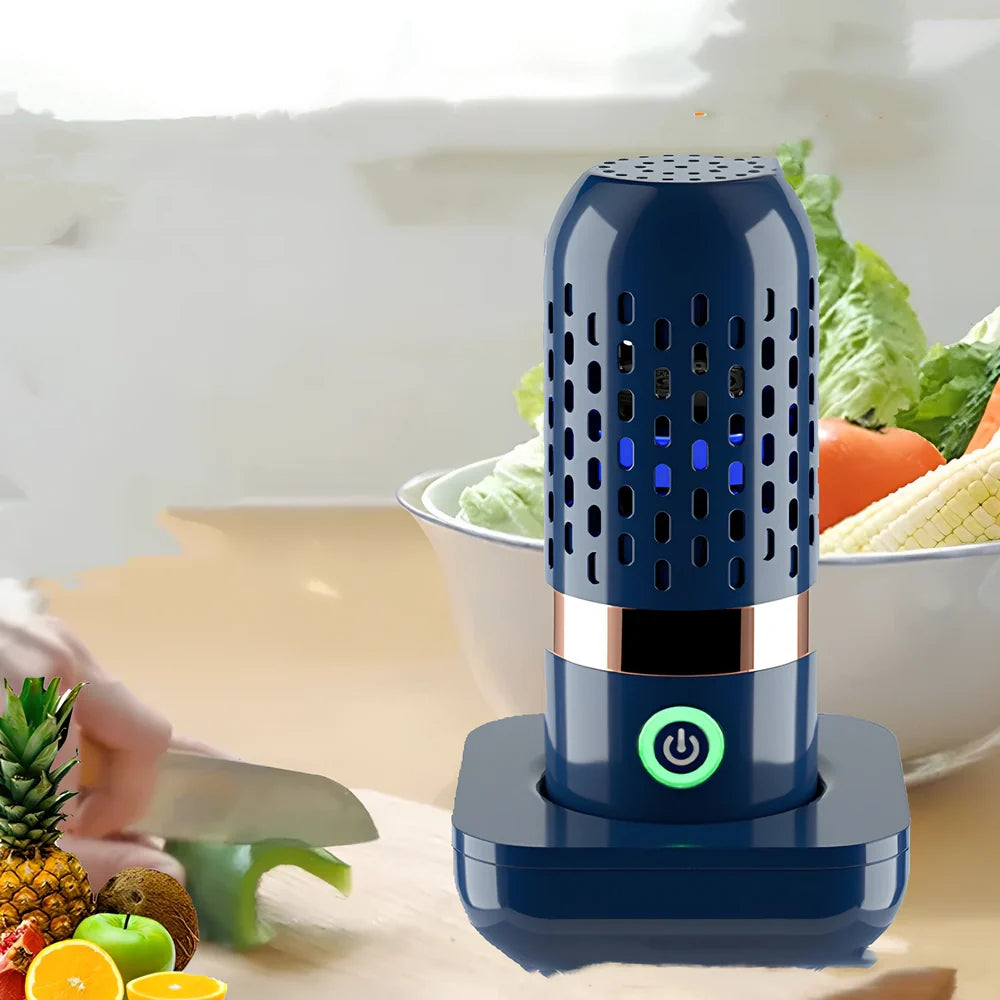 Blue capsule fruit and vegetable cleaner with charger, shows 3000mAh battery capacity