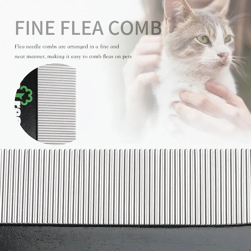 Black double-sided pet hair comb with wood handle and stainless steel teeth for cat and dog grooming