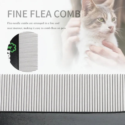 Black double-sided pet hair comb with wood handle and stainless steel teeth for cat and dog grooming