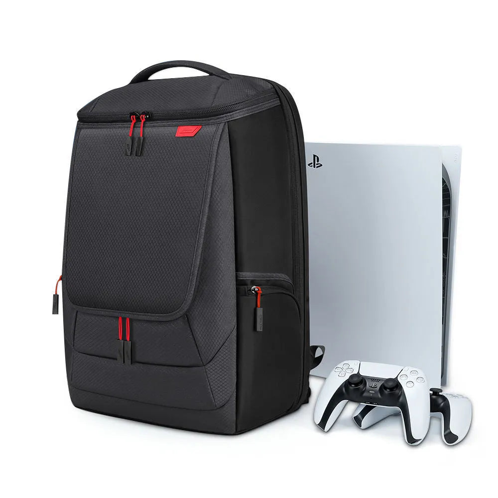 Black nylon game console storage bag for PS5 and games kit, 49 x 33 x 24cm, sewn construction