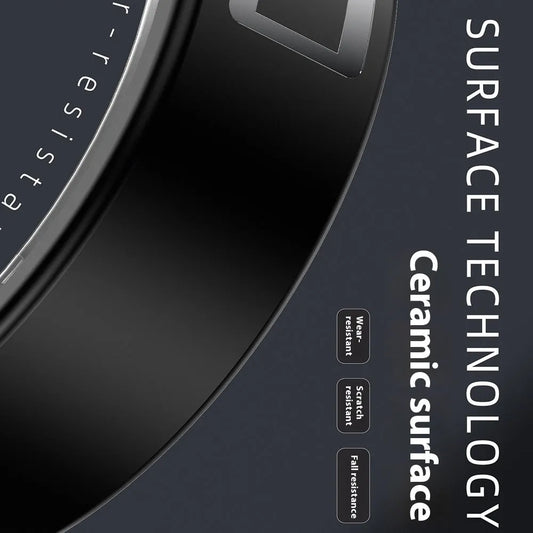 Black ceramic smart ring on a finger, showing health monitoring features for heart rate and blood oxygen tracking