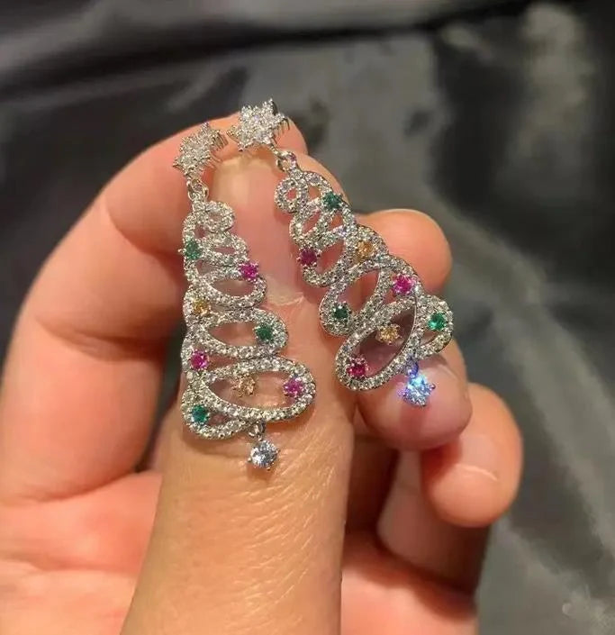 Colorful zircon Christmas tree tassel earrings for women, available in white K and gold.