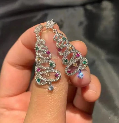 Colorful zircon Christmas tree tassel earrings for women, available in white K and gold.