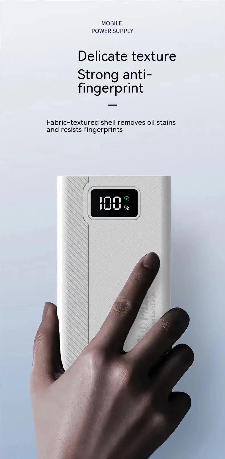 Black or white large capacity power bank showing its portable size and charging port.