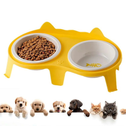 Ceramic cat bowl set with elevated stand in blue, pink, white, or yellow