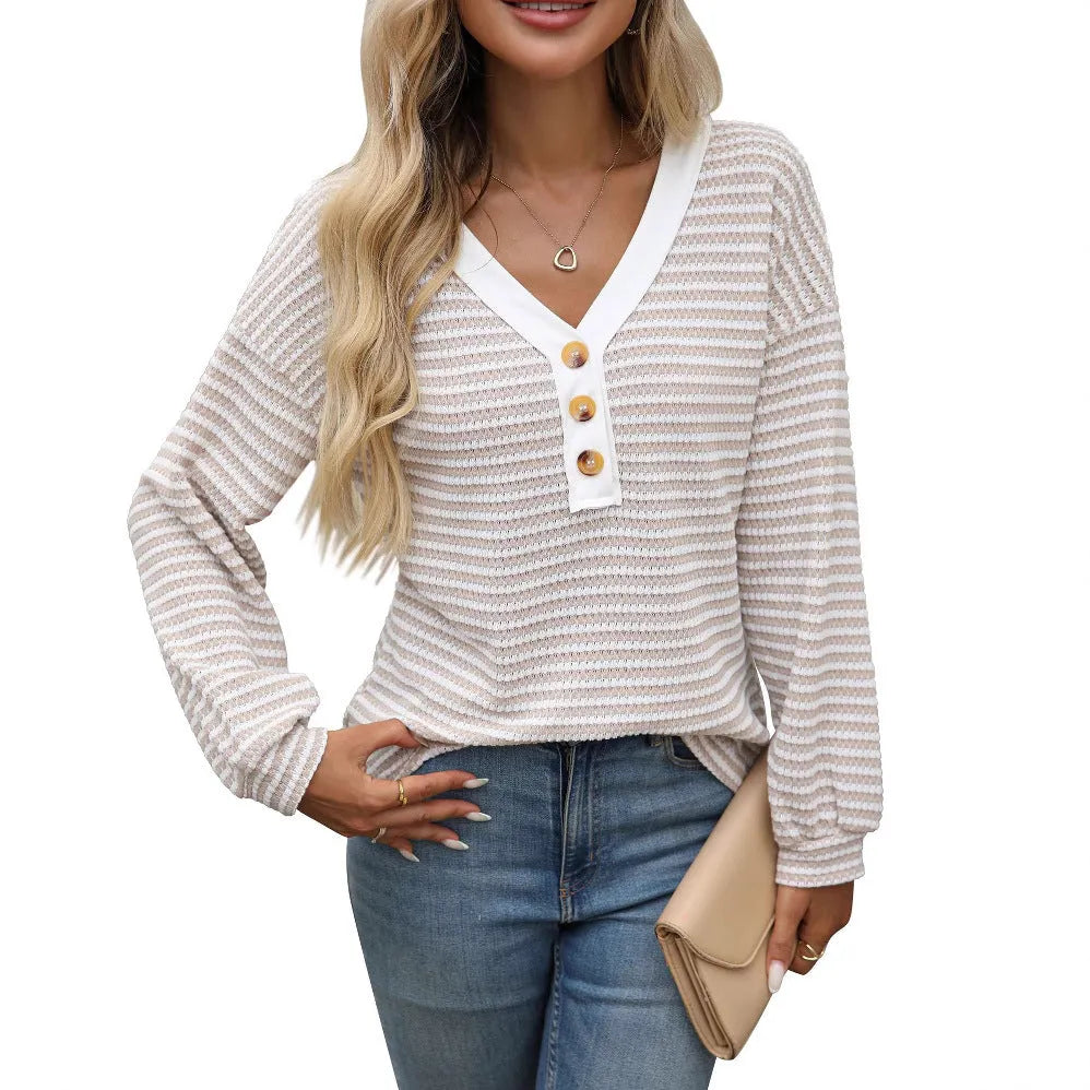 Women's loose fit V-neck patchwork pullover top in polyester knit fabric
