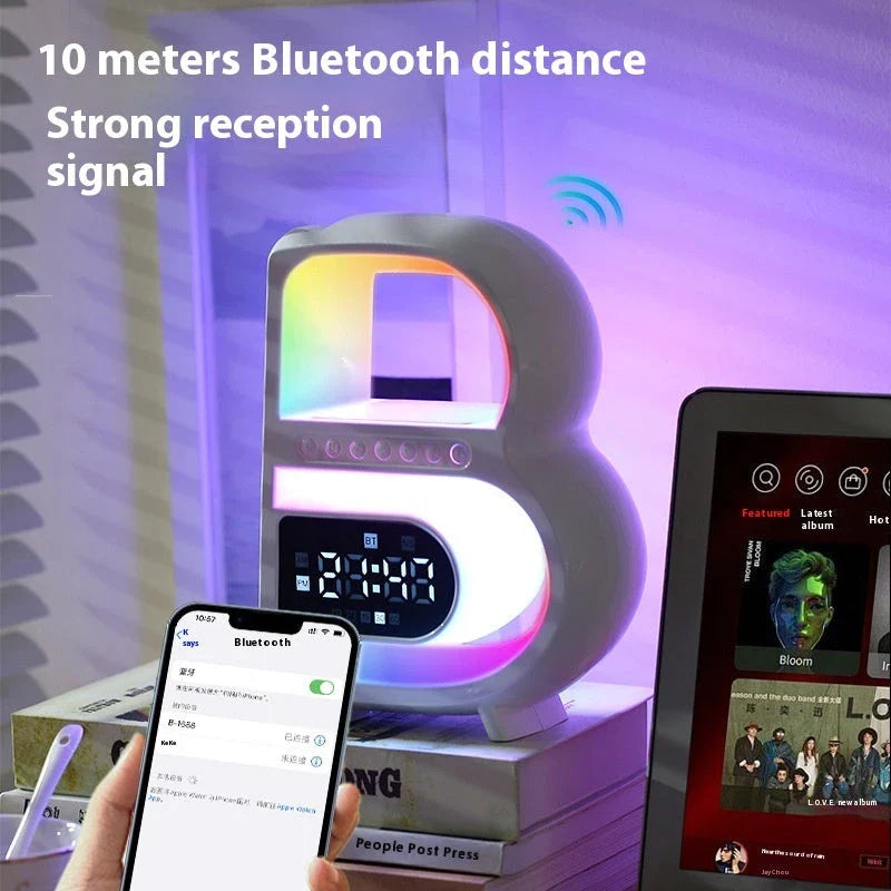 B-shaped Bluetooth speaker with wireless charging, adjustable lighting, and alarm clock functionality