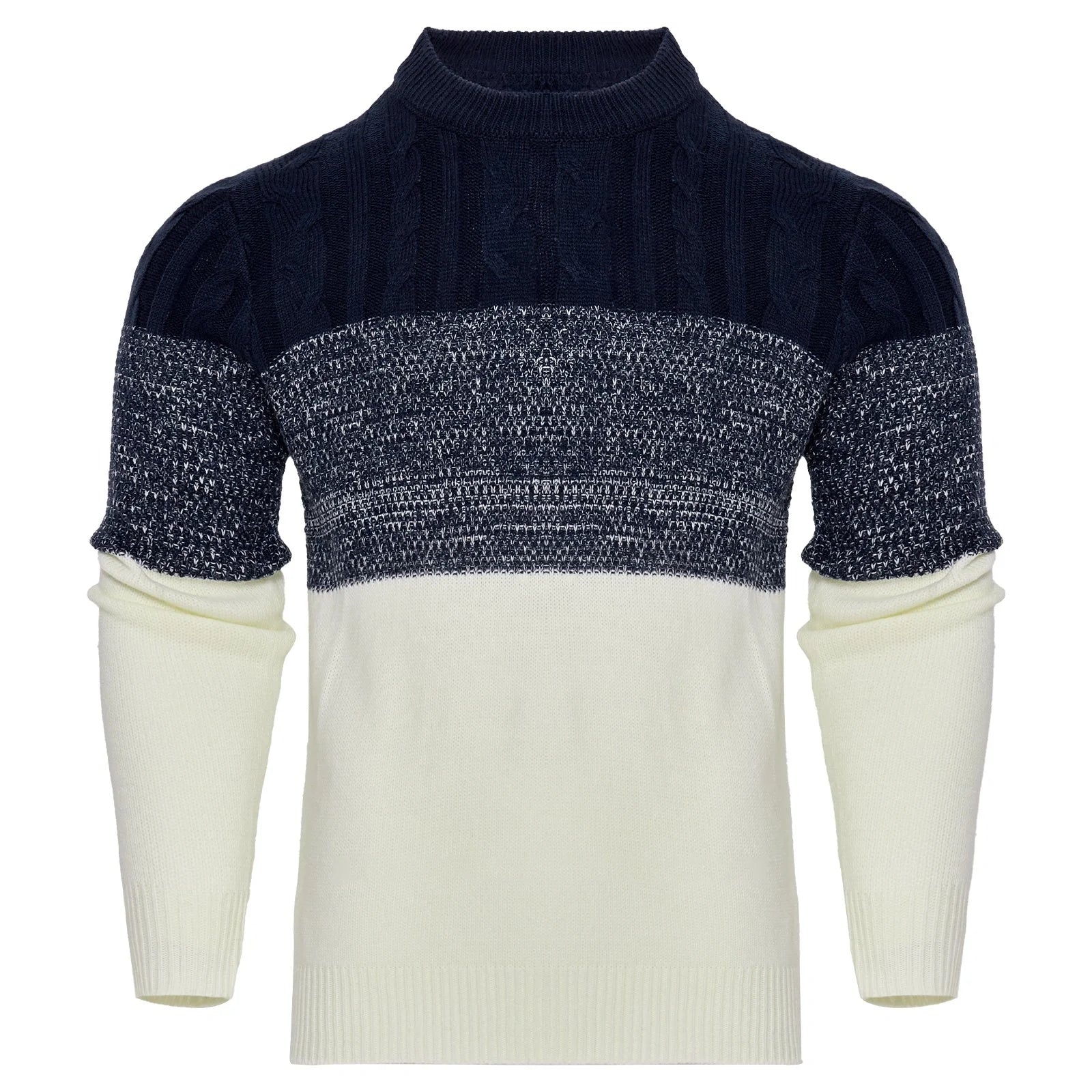 Men's color block cable knit acrylic sweater in black, blue, and brown