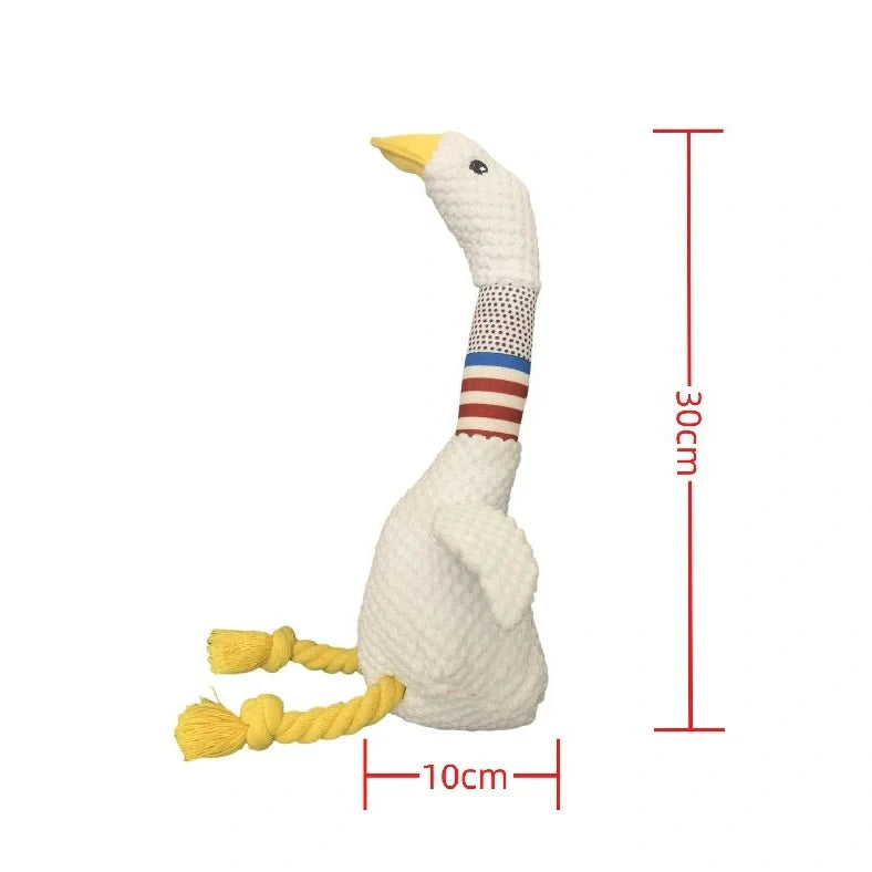 White plush dog toy with reinforced stitching, approximately 20cm long