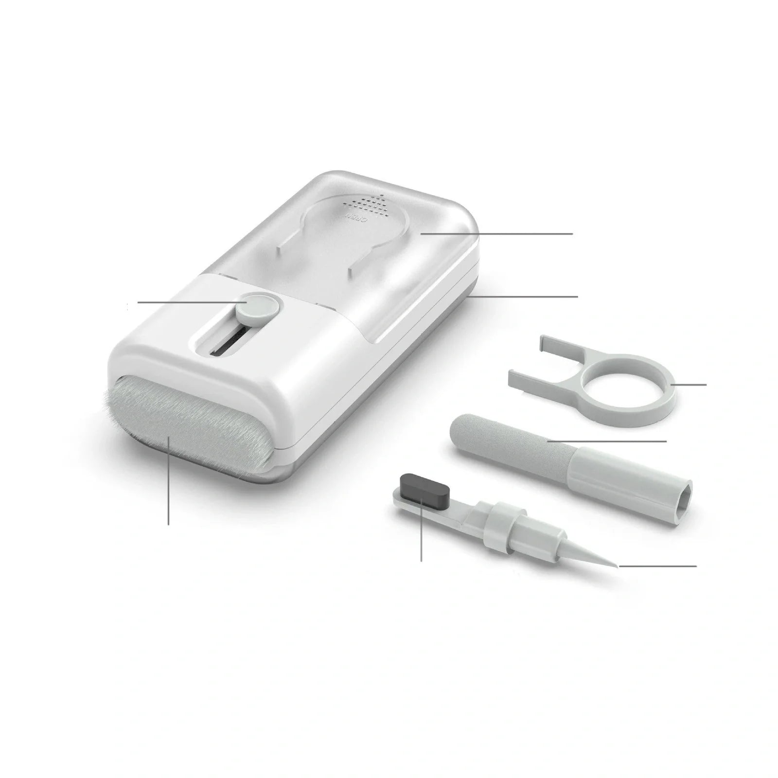 White Bluetooth headset cleaning kit pen with six tools, 105mm length, 29.5mm diameter, and two microfibre cloths