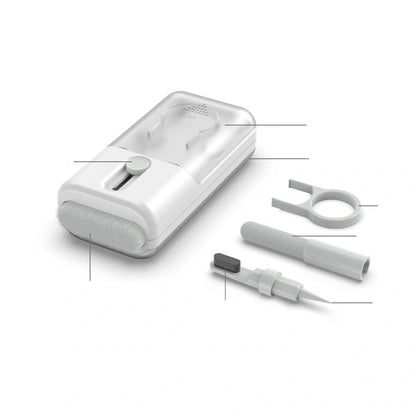 White Bluetooth headset cleaning kit pen with six tools, 105mm length, 29.5mm diameter, and two microfibre cloths