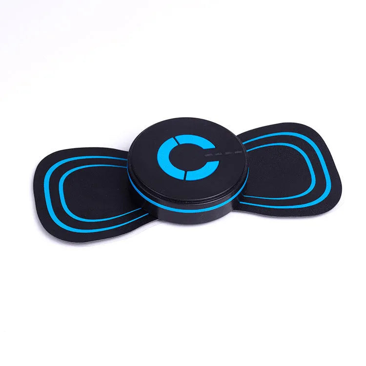 Black HQ-185 mini electric shoulder and neck massager with massage patch, showing compact 15cm size.