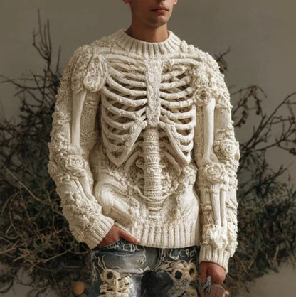 Beige 3D digital printing sweater with stereo pattern, round neck, and conventional sleeves