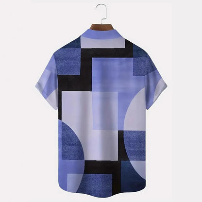 Man wearing a loose-fit short sleeve cardigan shirt with a retro geometric square pattern in contrasting colours.