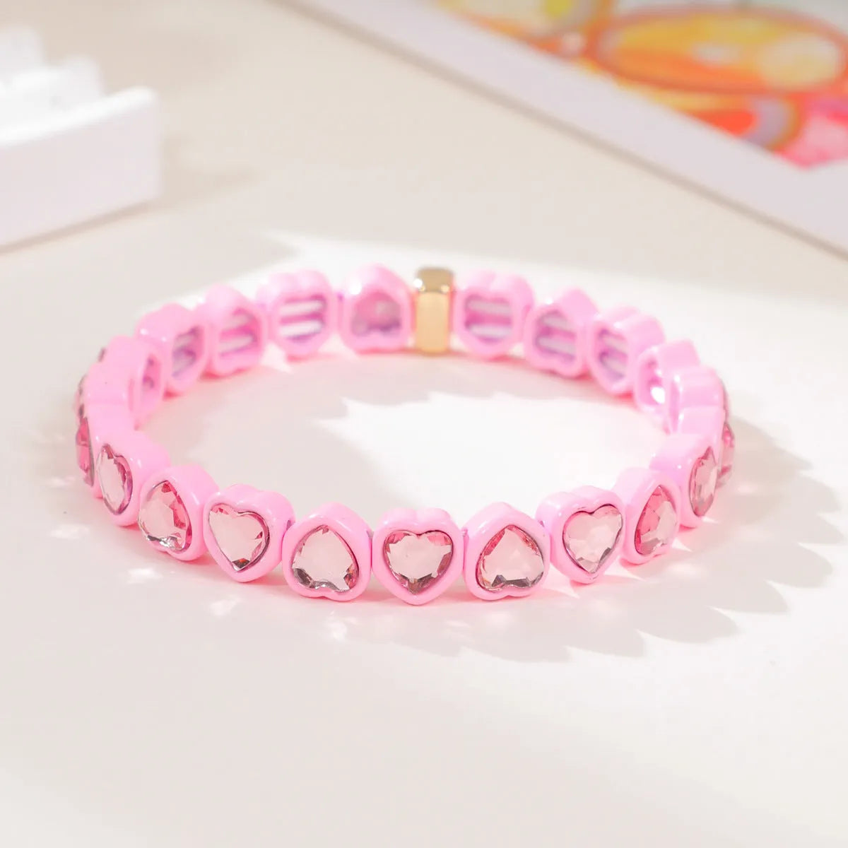 Rainbow enamel heart-shaped stretch bracelet in alloy with diamond process surface