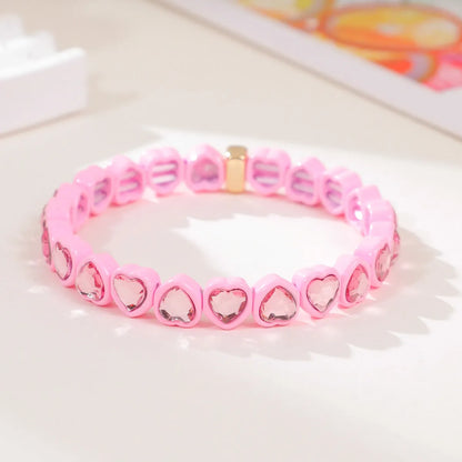 Rainbow enamel heart-shaped stretch bracelet in alloy with diamond process surface