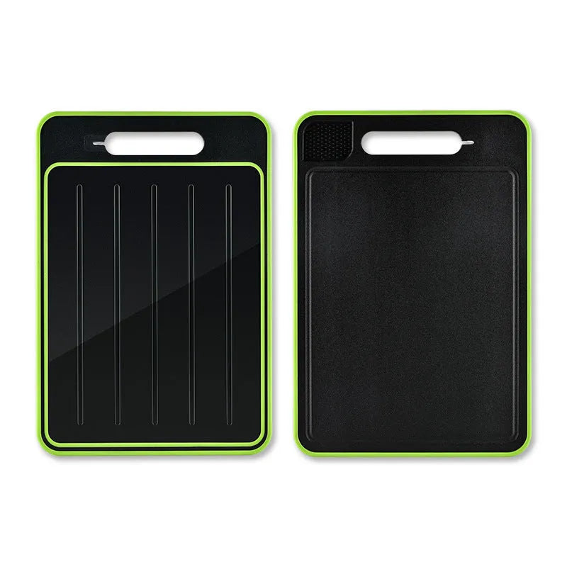 Grey square aluminium cutting board with double-sided design showing grinding teeth and knife sharpener