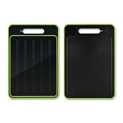 Grey square aluminium cutting board with double-sided design showing grinding teeth and knife sharpener