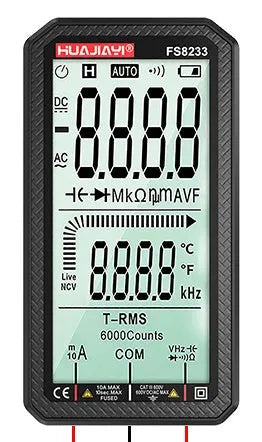 Handheld large screen digital multimeter in black or red, showing dimensions.