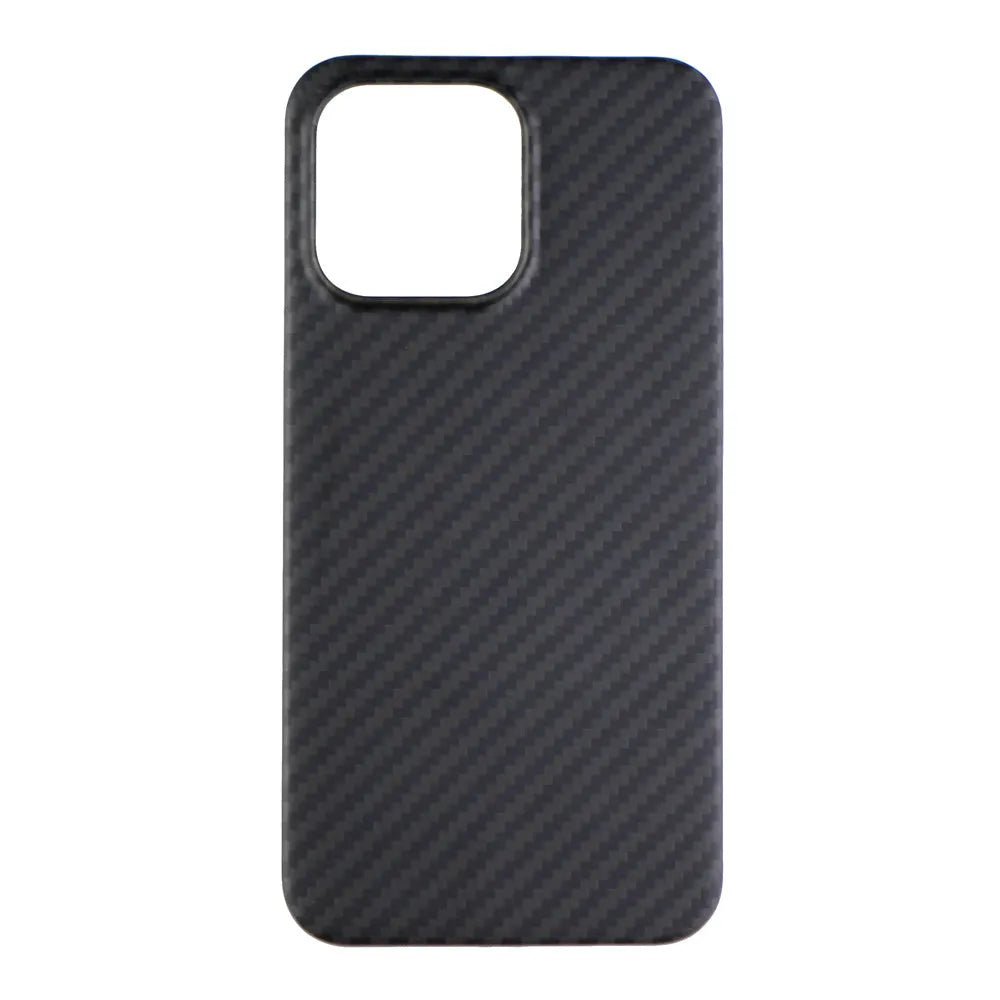 Matte black Kevlar fibre protective case for iPhone showing crater texture and exposed side buttons.