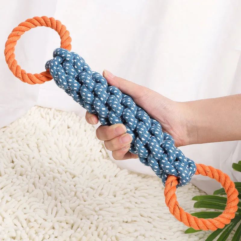 Blue braided bone-shaped cotton rope dog toy with double rings measuring 37 cm