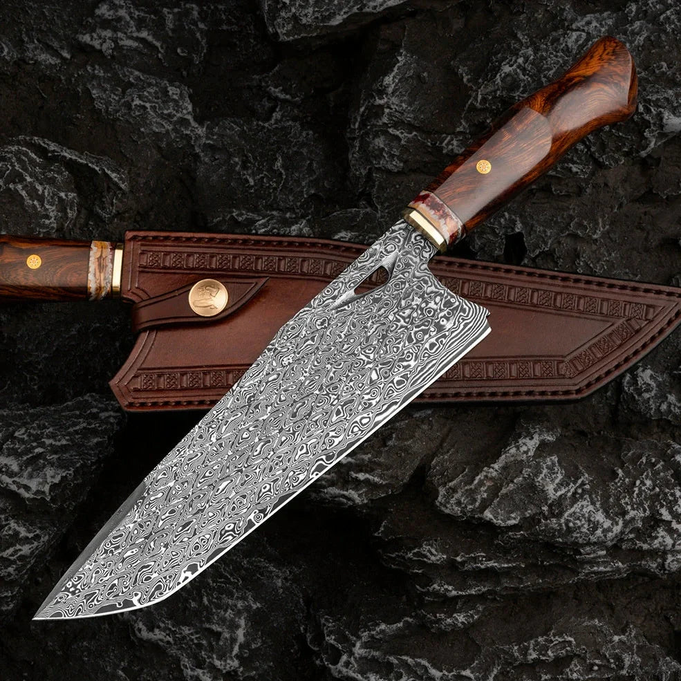 Damascus steel kitchen knife with 21.8cm blade and milky off-white finish on cutting board