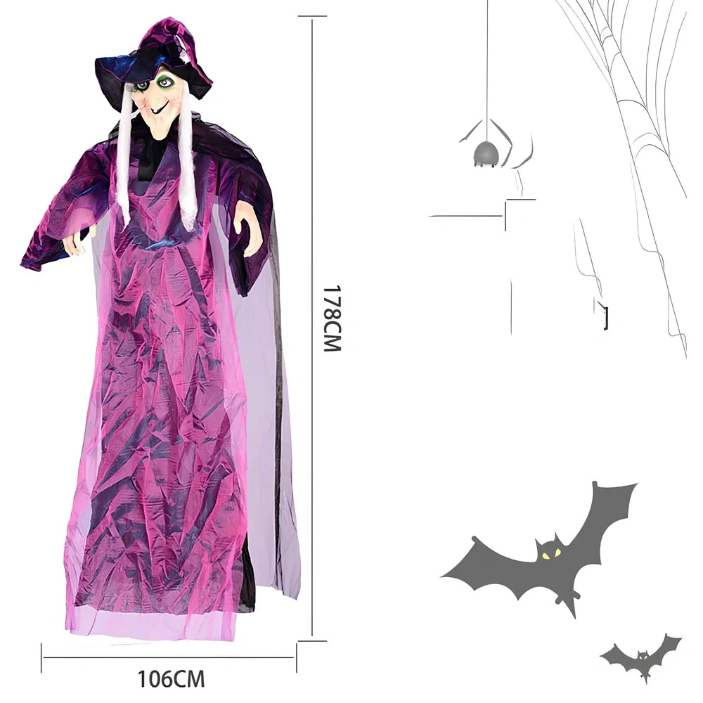 Voice-activated Halloween witch decoration with motion-sensing technology in black or purple colour options