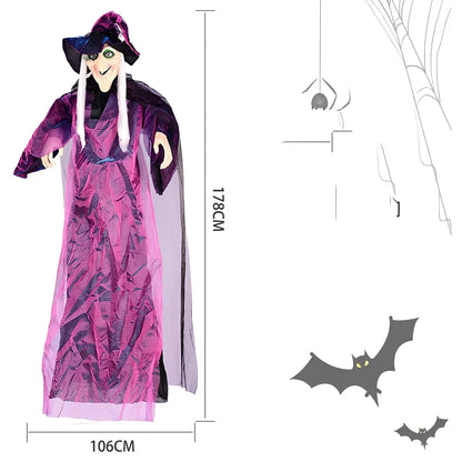 Voice-activated Halloween witch decoration with motion-sensing technology in black or purple colour options
