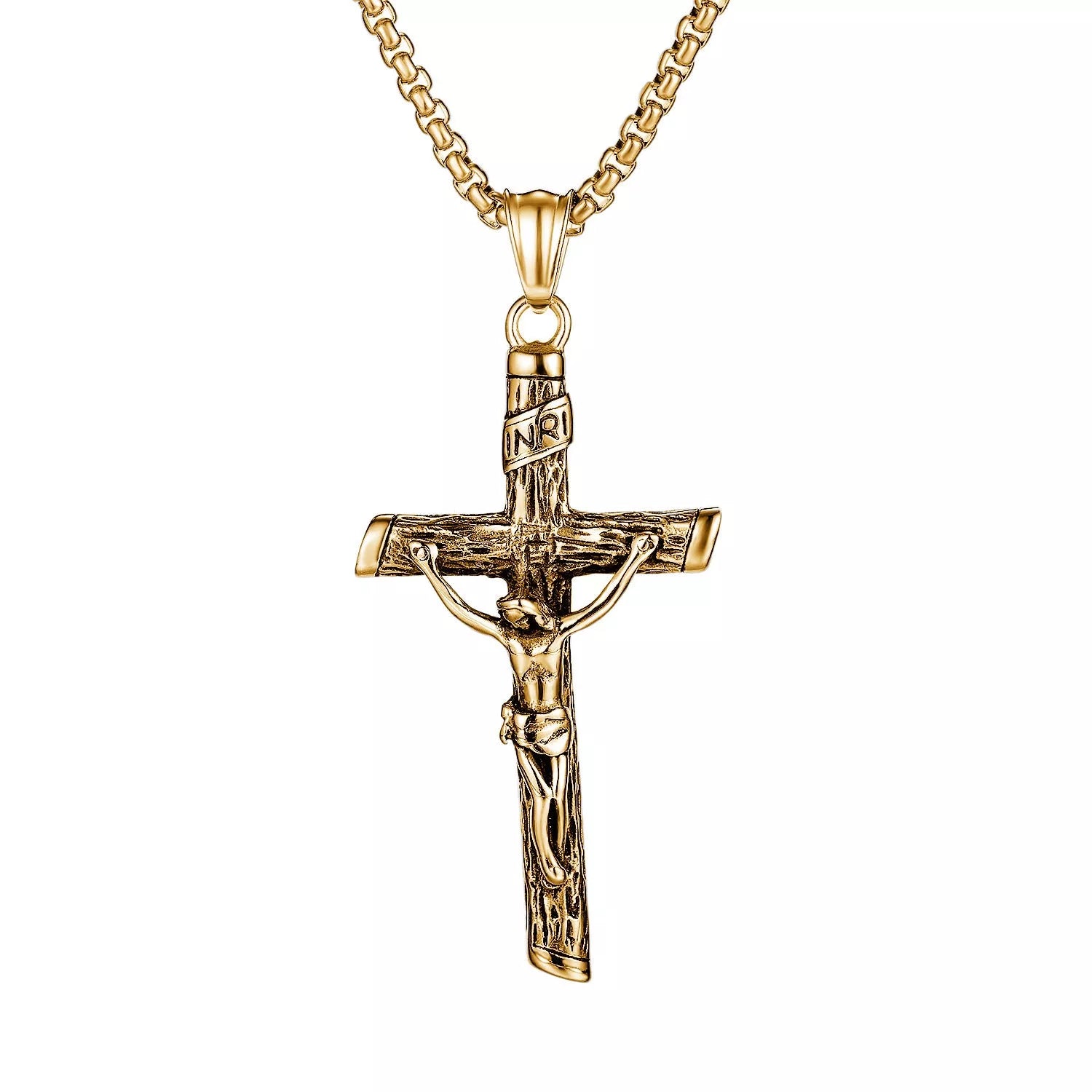 Mens adjustable titanium steel Jesus cross pendant necklace with pearl chain