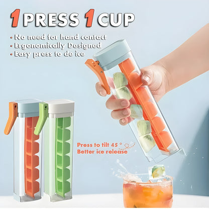 Blue press-release ice cube tray with storage box on a kitchen counter