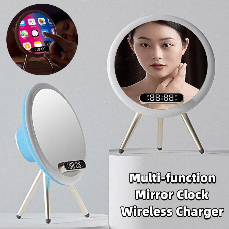 Multi-function LED mirror alarm clock with wireless charging and Bluetooth speaker in blue and white