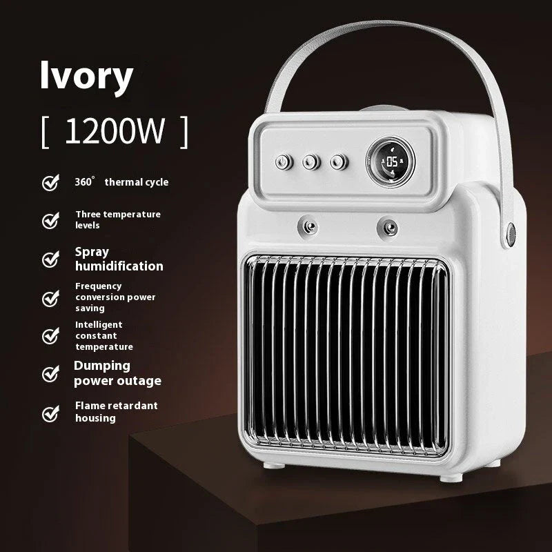 A sleek and modern 2-in-1 heater and humidifier with adjustable temperature, wind speed, and mist settings for customized climate control.