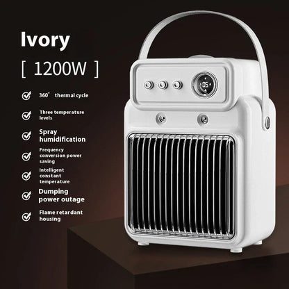 A sleek and modern 2-in-1 heater and humidifier with adjustable temperature, wind speed, and mist settings for customized climate control.