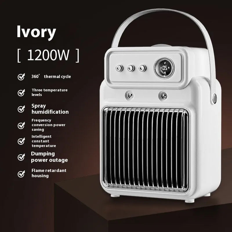 White compact table heater with humidifier function, control panel showing heat and fan settings.