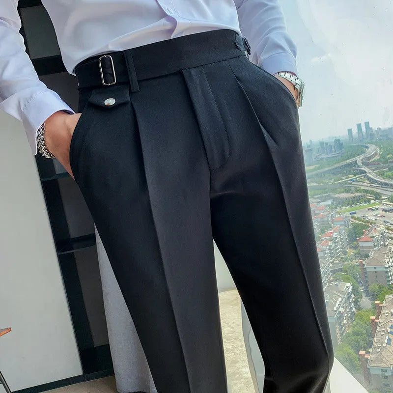 Straight-leg casual trousers in solid khaki colour on a hanger, showing the classic fit.